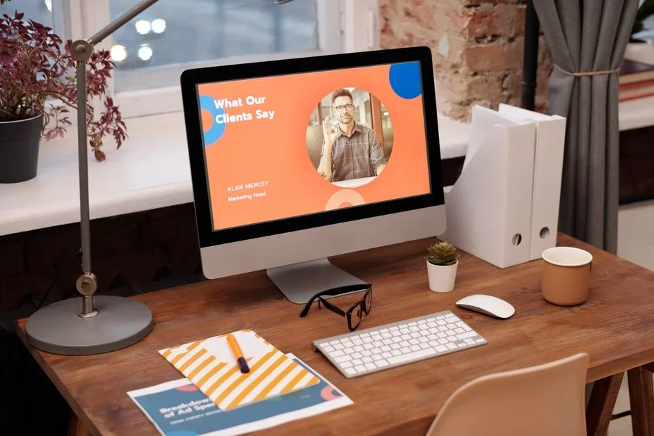 A testimonial section with generic names and stock photos