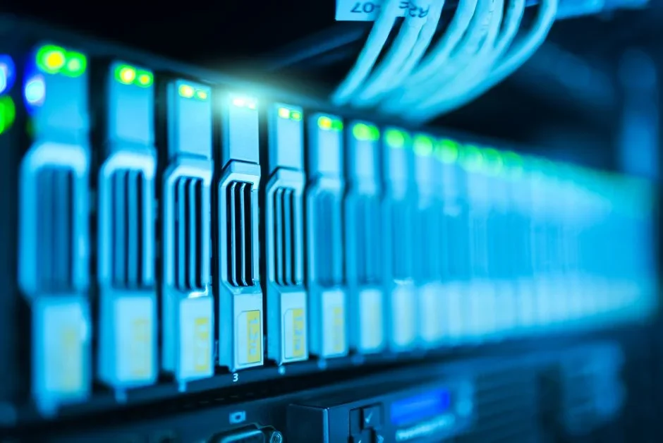 Digital data flowing into a server rack with a padlock icon