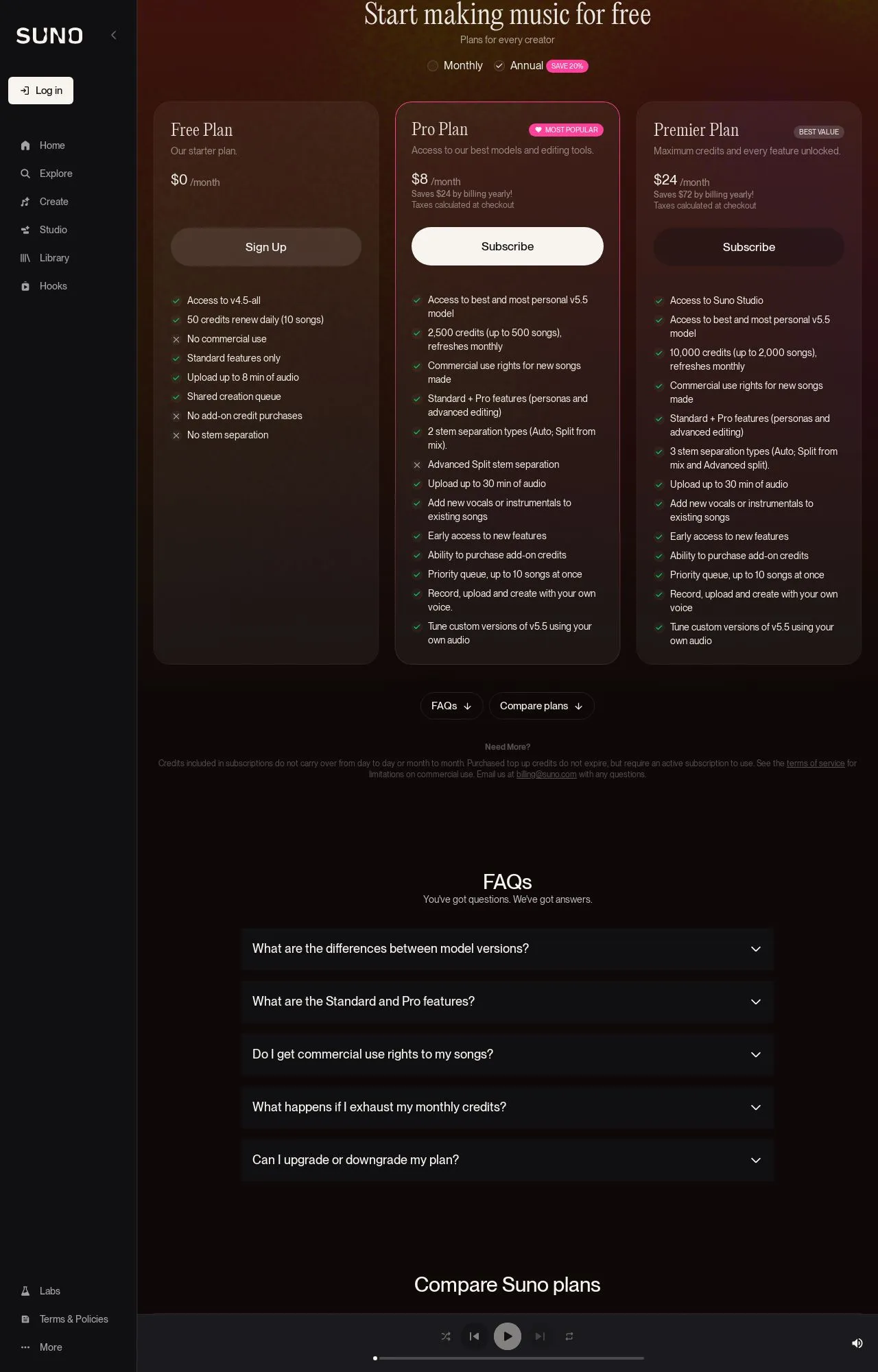 A real example: Suno’s pricing page, where the free-versus-paid terms are spelled out